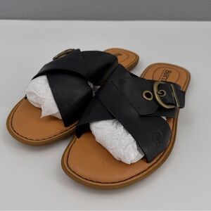 Born Rio Open Toe Slide Sandals Womens 8M Crisscross Strap Buckle Black Leather